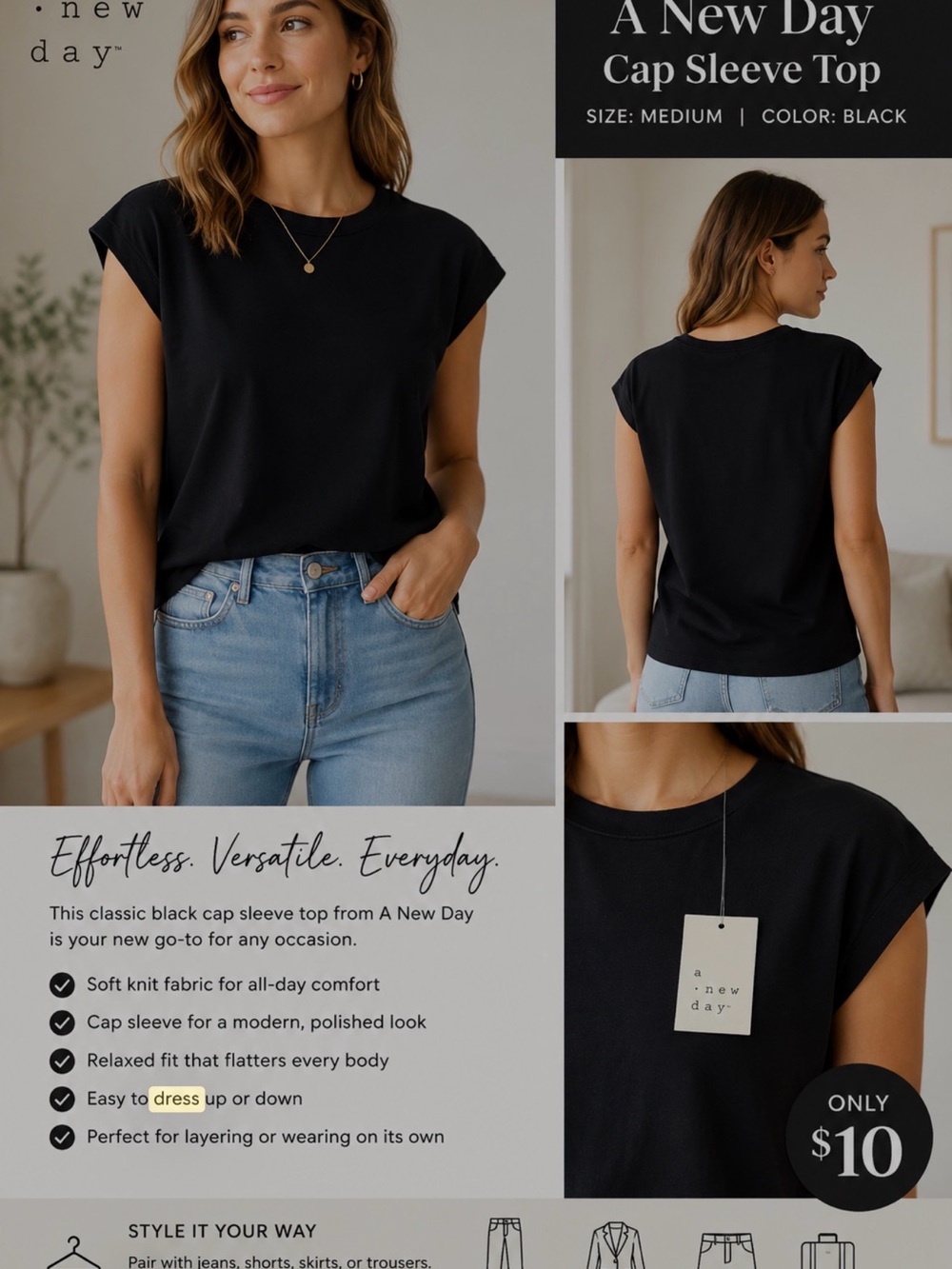 a new day Black Cap Sleeve Tee - Classic Short Sleeve Top